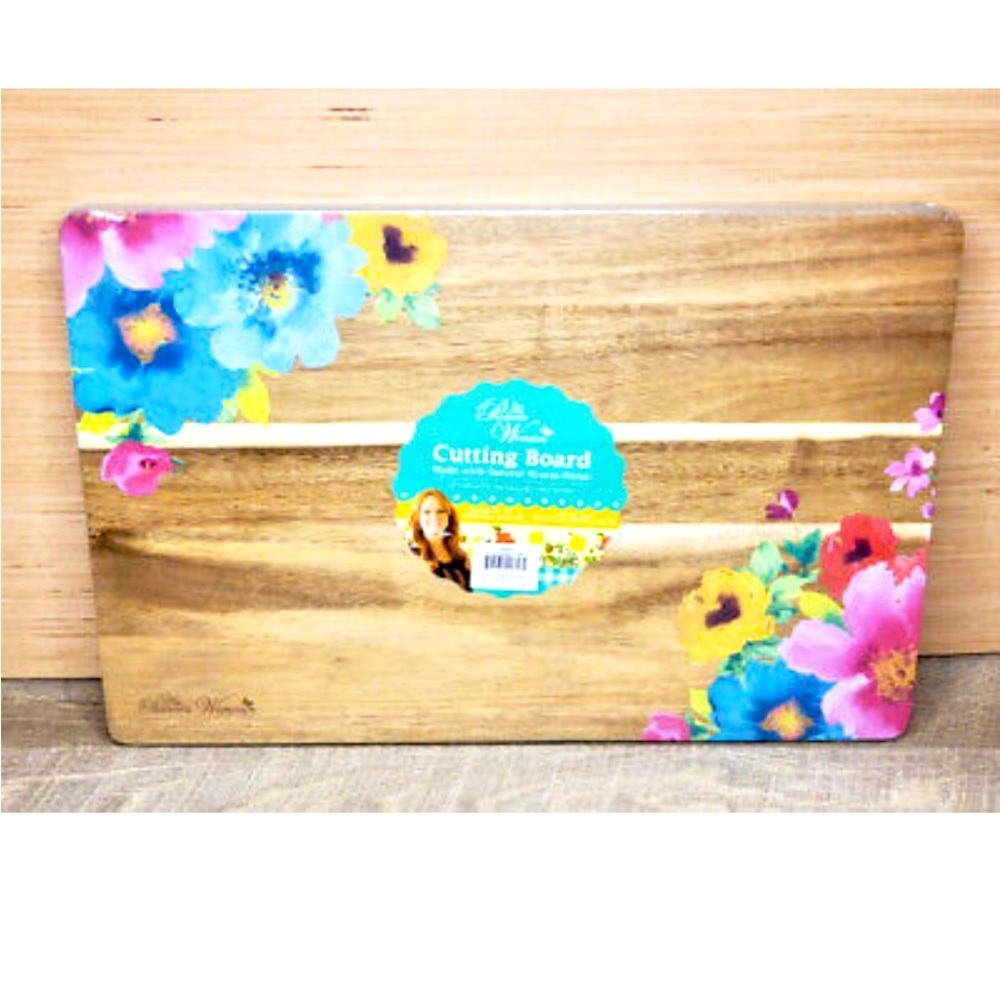 Pioneer WomaN Wood Cutting Board Floral Breezy Blossom 12" x 18" New Acacia Teal